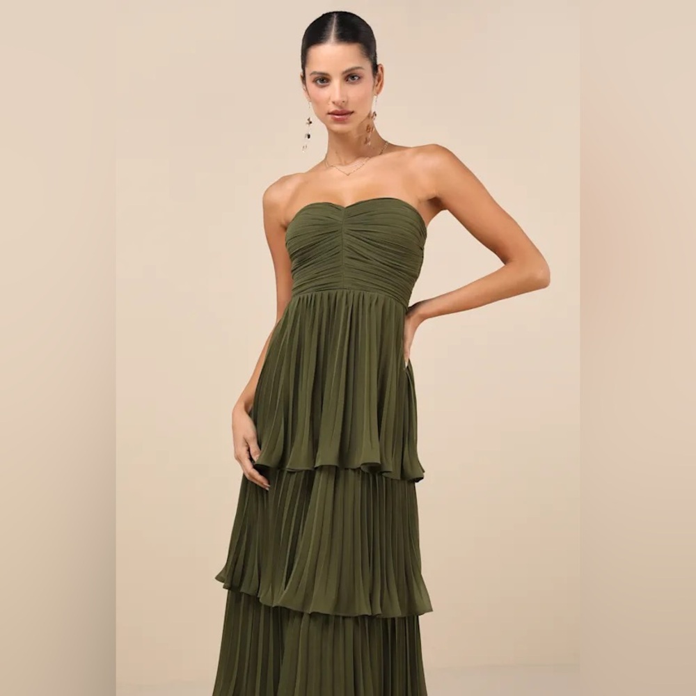 NWT Lulus Seriously Sensational Olive Green Strapless Tiered Maxi Dress Large